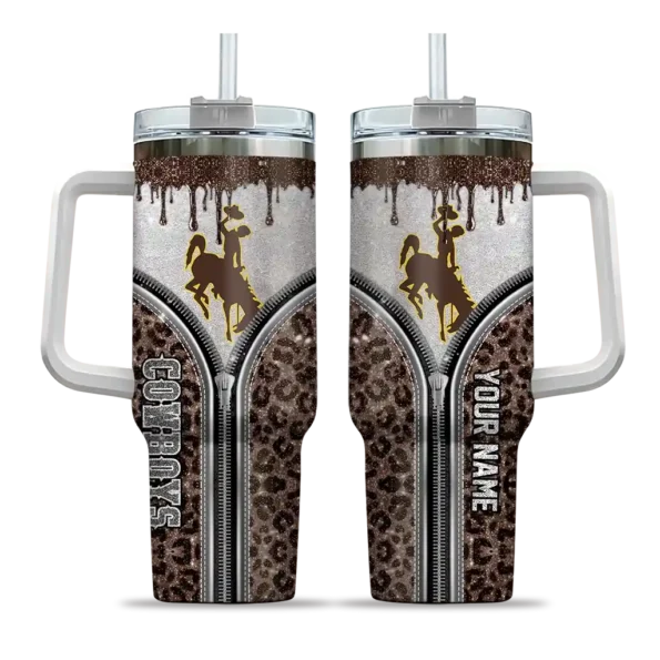 personalized wyoming cowboys leopard zipper brown curved tumbler best selling.webp