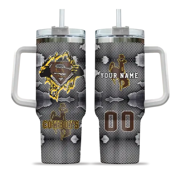 personalized wyoming cowboys superman shield brown gray curved tumbler best selling.webp