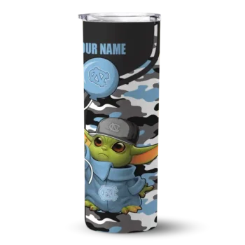 Custom North Carolina Tar Heels Yoda Camo Light Blue Black Skinny Tumbler