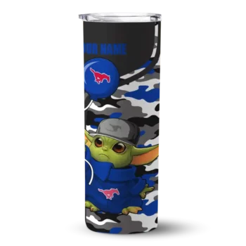 Custom SMU Mustangs Yoda Camo Blue Black Skinny Tumbler