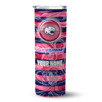 Custom South Alabama Jaguars Patterned Waves Blue Skinny Tumbler