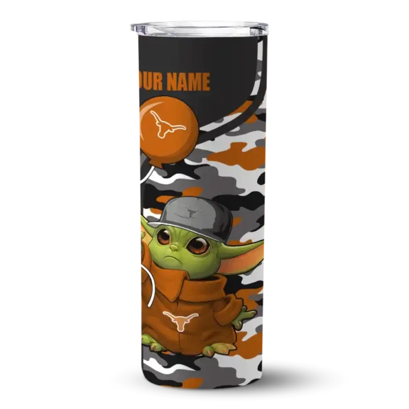 custom texas longhorns yoda camo orange black skinny tumbler best selling