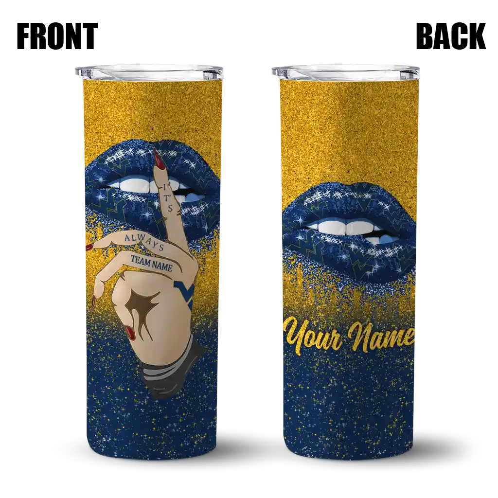 custom-west-virginia-mountaineers-sparkle-lips-blue-skinny-tumbler-fashion-forward.webp