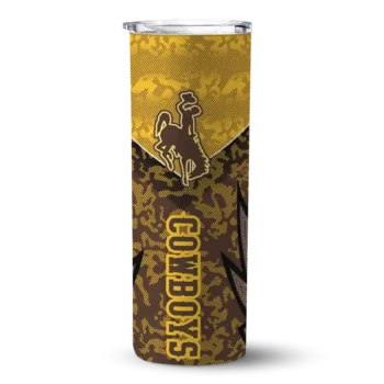 Custom Wyoming Cowboys Spiral Burst Print Brown Skinny Tumbler