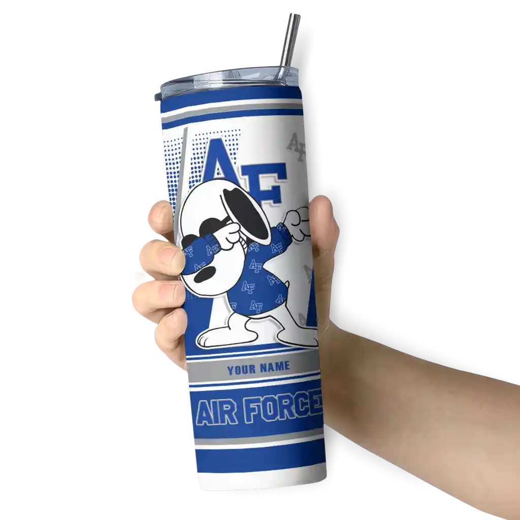 customized-air-force-falcons-snoopy-dog-blue-white-skinny-tumbler-premium-grade.webp