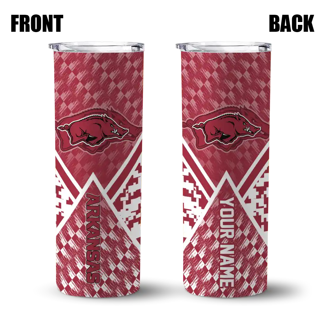 customized-arkansas-razorbacks-monogram-burst-red-white-skinny-tumbler-fashion-forward.webp