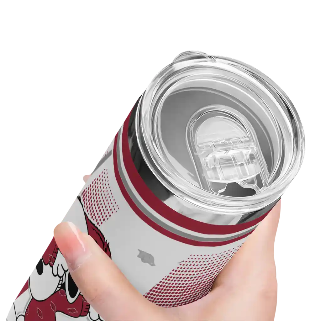 customized-arkansas-razorbacks-snoopy-dog-red-white-skinny-tumbler-high-quality.webp