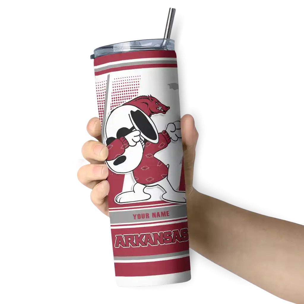 customized-arkansas-razorbacks-snoopy-dog-red-white-skinny-tumbler-premium-grade.webp