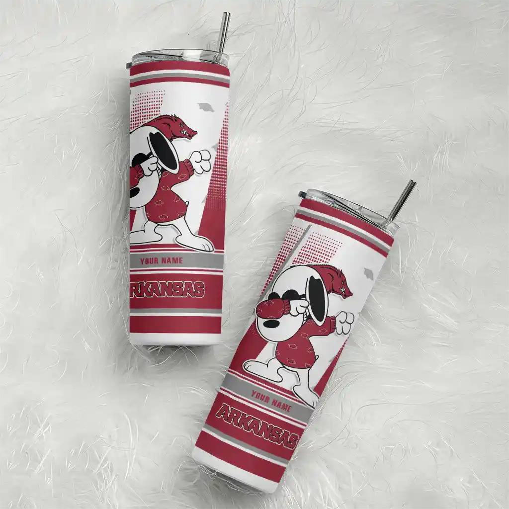 customized-arkansas-razorbacks-snoopy-dog-red-white-skinny-tumbler-top-rated.webp