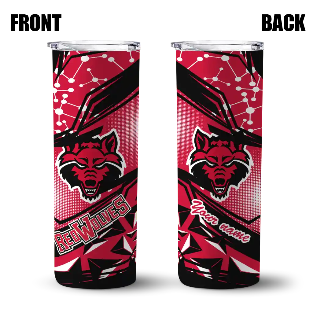 customized-arkansas-state-red-wolves-helmet-clash-scarlet-skinny-tumbler-fashion-forward.webp