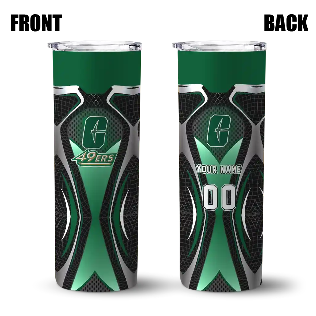 customized-charlotte-49ers-superman-emblem-green-black-skinny-tumbler-fashion-forward.webp