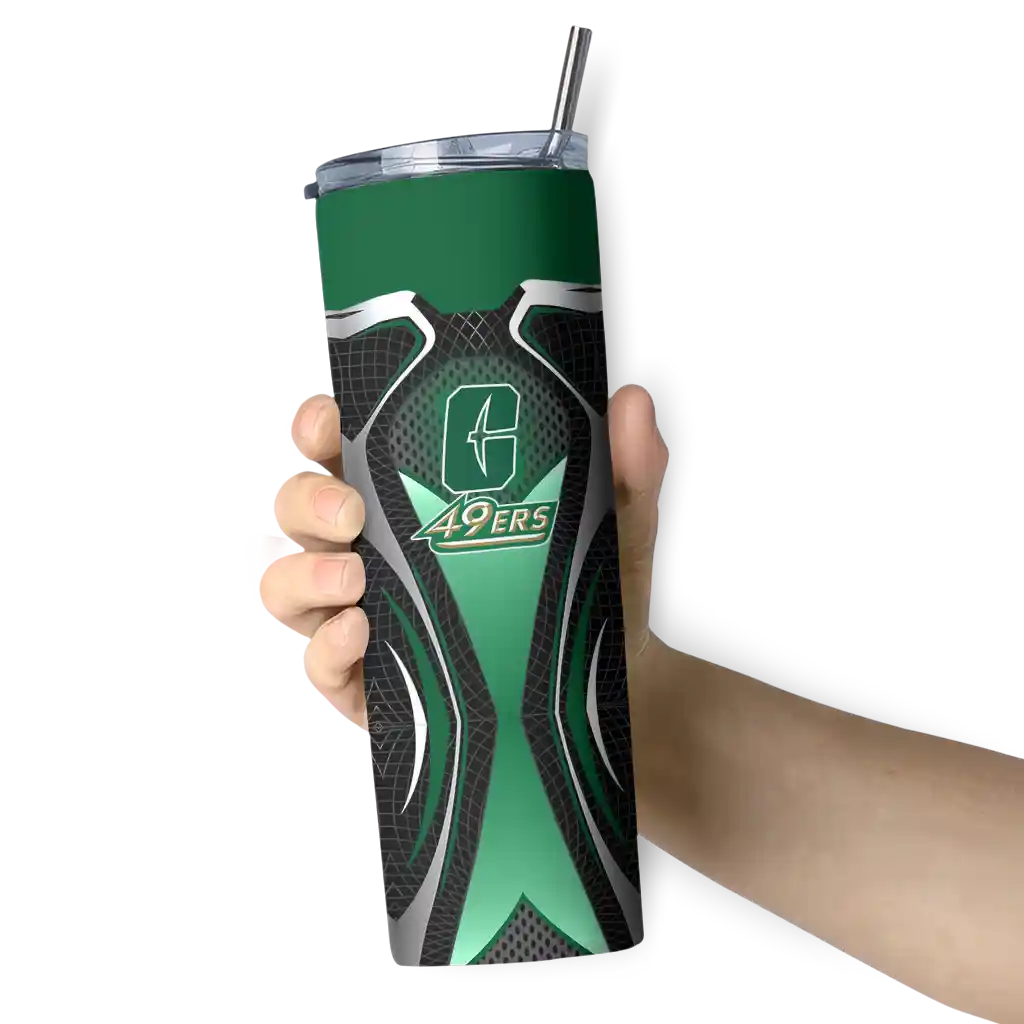 customized-charlotte-49ers-superman-emblem-green-black-skinny-tumbler-premium-grade.webp