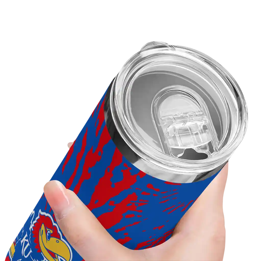customized-kansas-jayhawks-metallic-grid-blue-skinny-tumbler-high-quality.webp