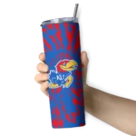 customized-kansas-jayhawks-metallic-grid-blue-skinny-tumbler-best-selling.webp