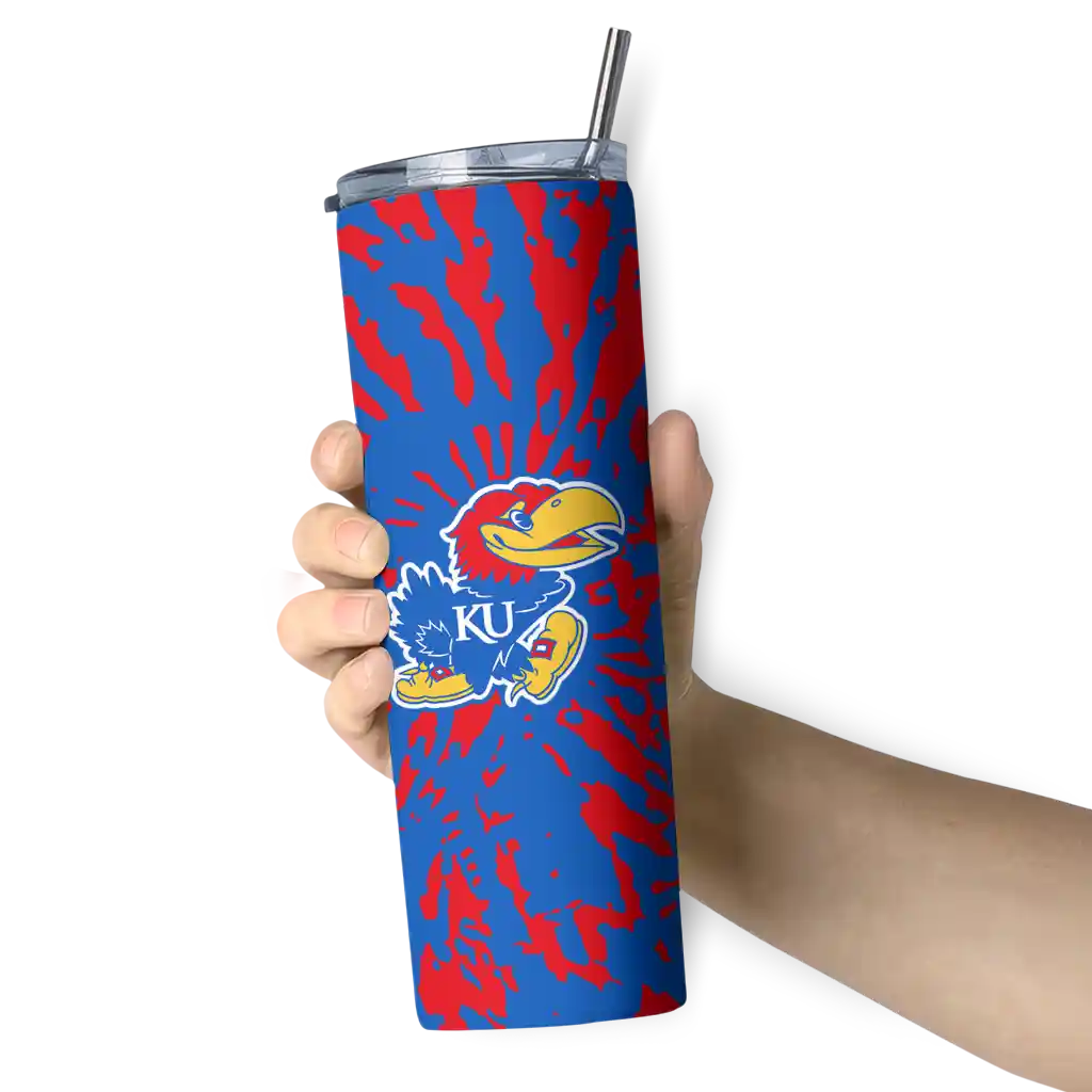 customized-kansas-jayhawks-metallic-grid-blue-skinny-tumbler-premium-grade.webp
