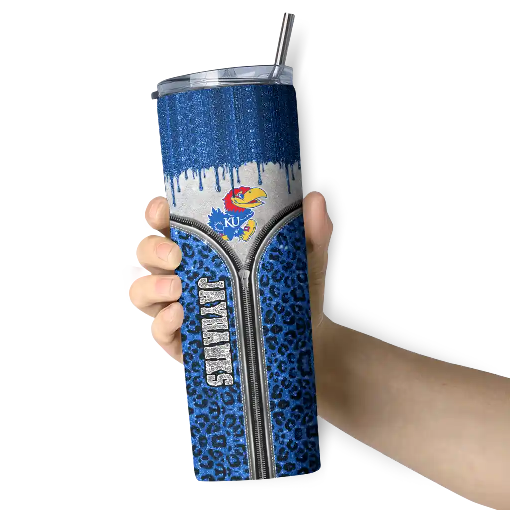 customized-kansas-jayhawks-sparkle-drip-blue-skinny-tumbler-premium-grade.webp
