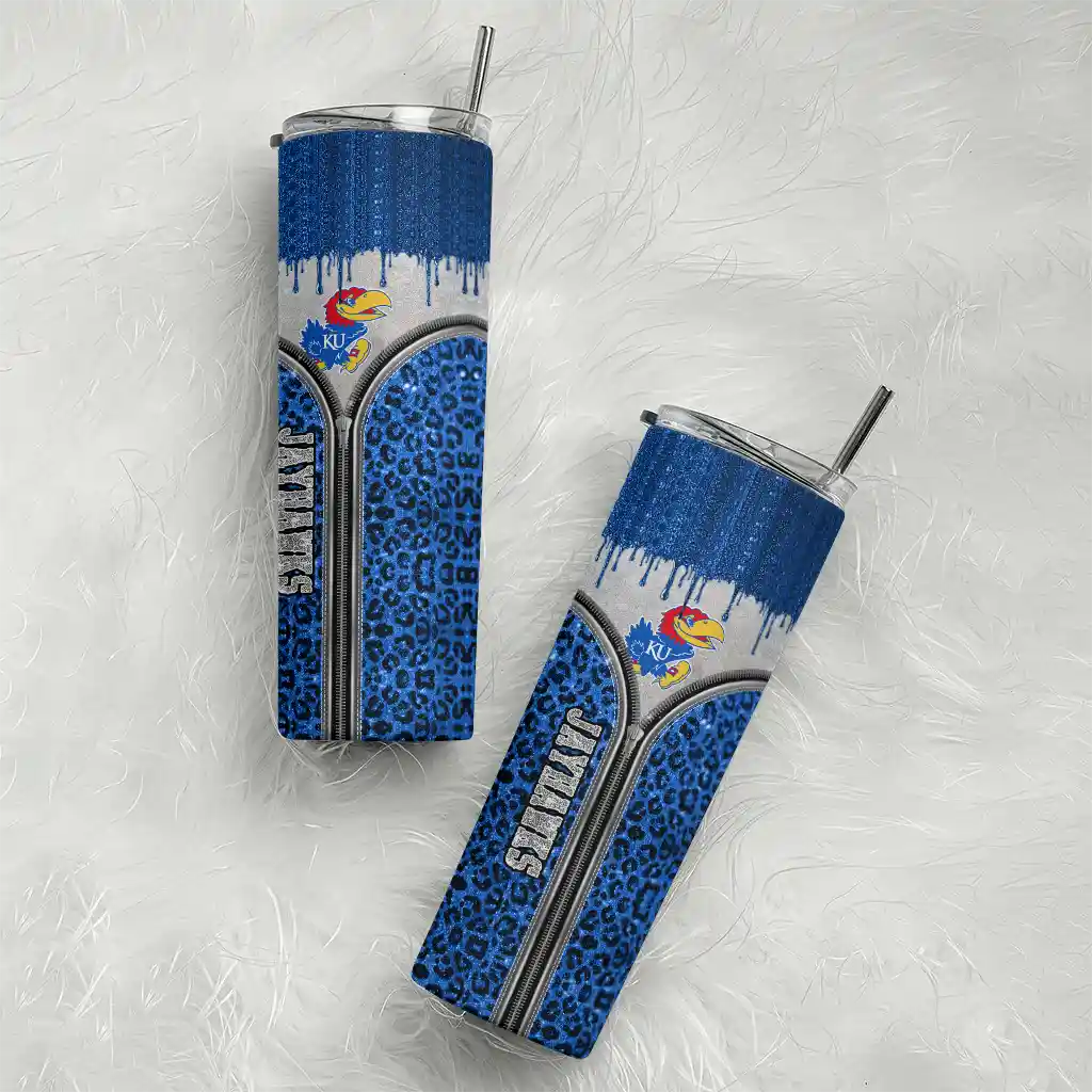 customized-kansas-jayhawks-sparkle-drip-blue-skinny-tumbler-top-rated.webp