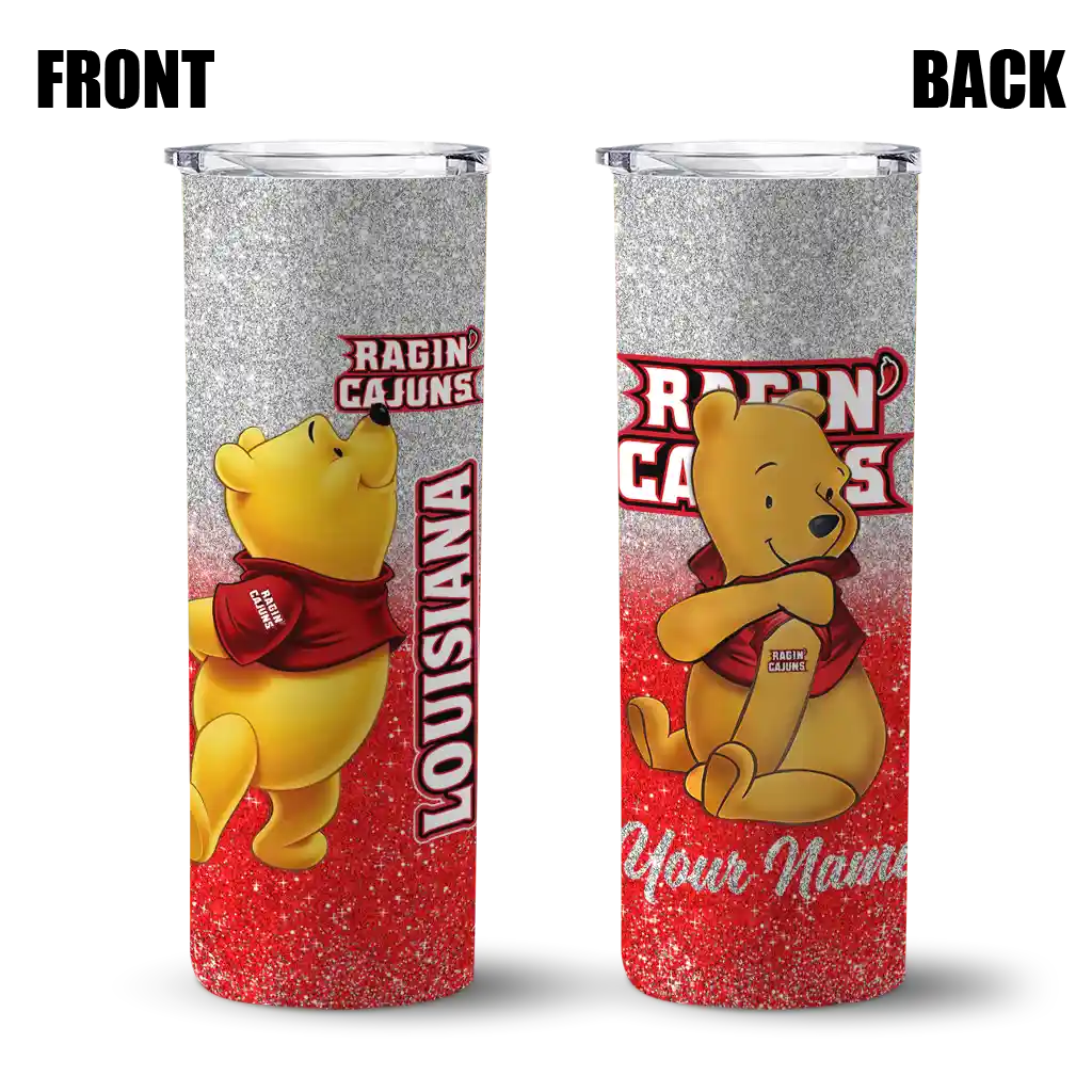 customized-louisiana-ragin-cajuns-winnie-the-pooh-red-gray-skinny-tumbler-fashion-forward.webp