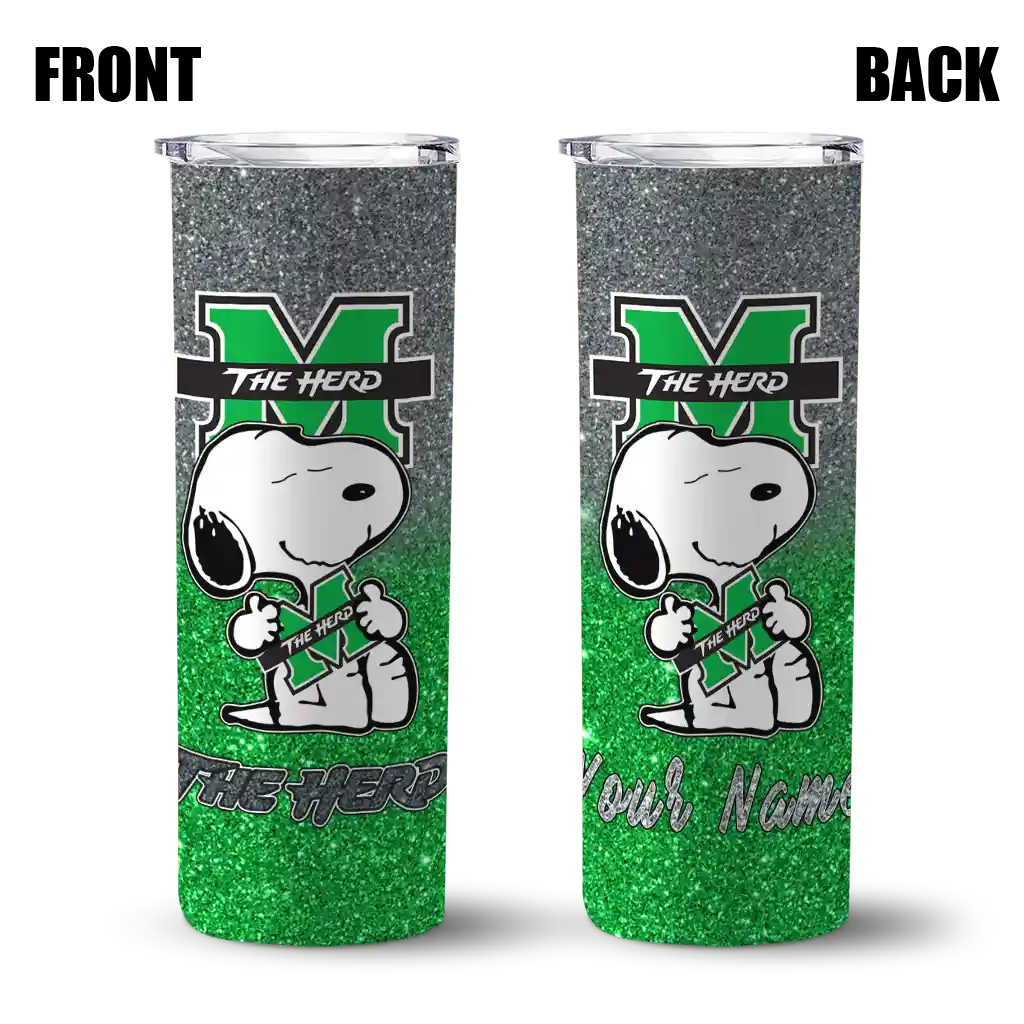 customized-marshall-thundering-herd-snoopy-attitude-green-skinny-tumbler-fashion-forward.webp