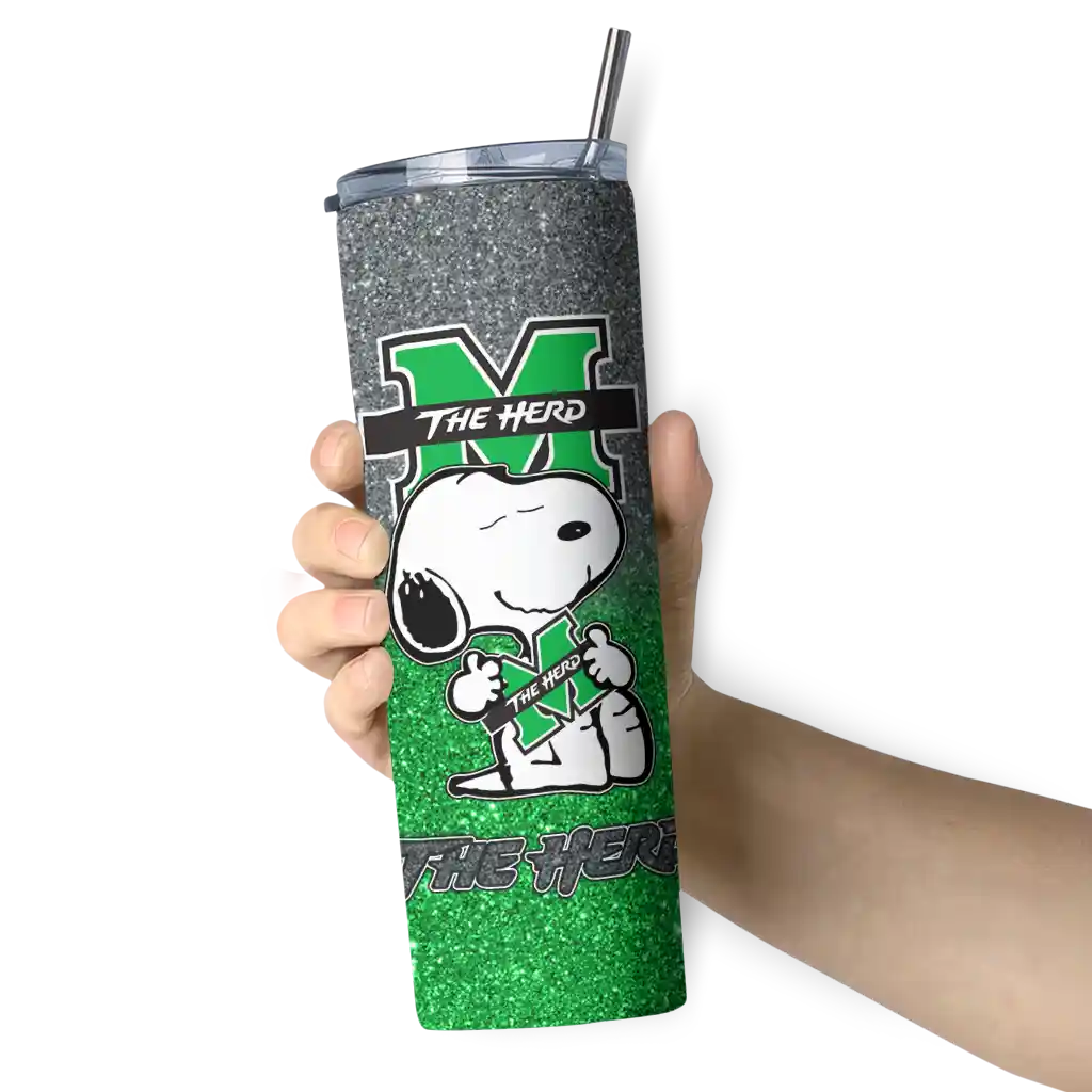 customized-marshall-thundering-herd-snoopy-attitude-green-skinny-tumbler-premium-grade.webp