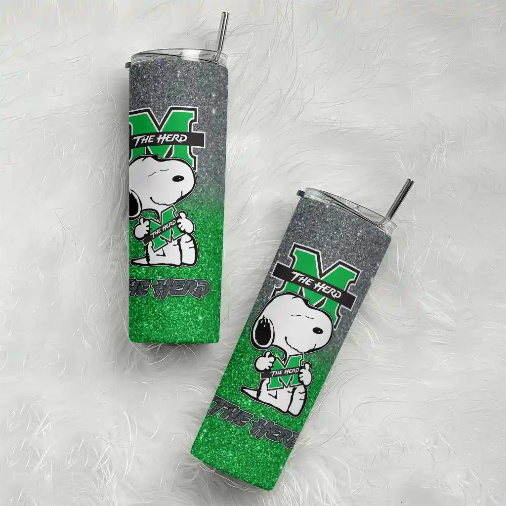 customized-marshall-thundering-herd-snoopy-attitude-green-skinny-tumbler-top-rated.webp