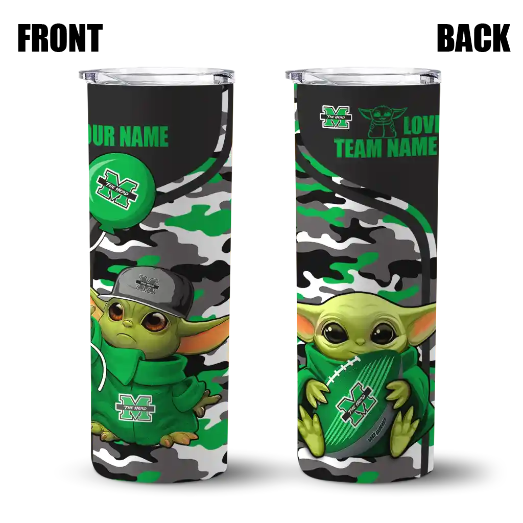 customized-marshall-thundering-herd-yoda-camo-green-black-skinny-tumbler-fashion-forward.webp