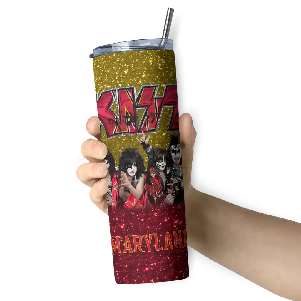 customized-maryland-terrapins-kiss-band-gold-skinny-tumbler-premium-grade.webp