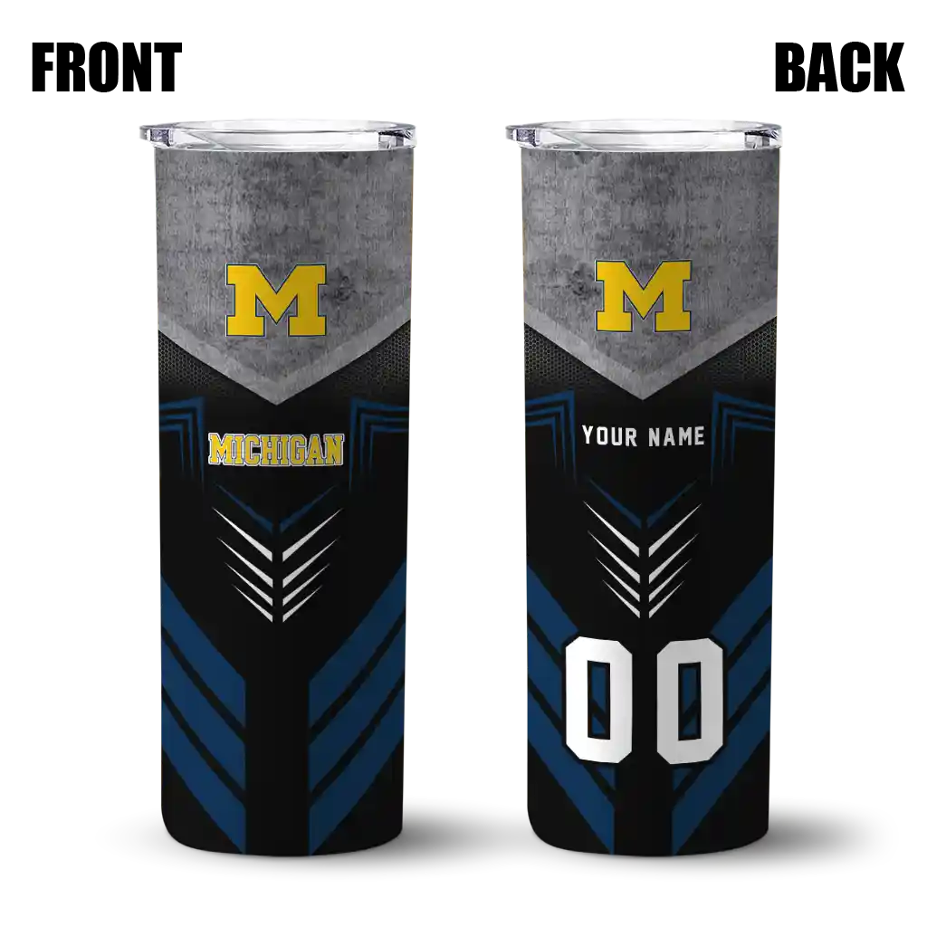 customized-michigan-wolverines-hexagon-honeycomb-blue-black-skinny-tumbler-fashion-forward.webp