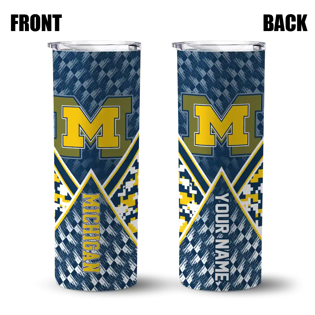 customized-michigan-wolverines-monogram-burst-blue-white-skinny-tumbler-fashion-forward.webp
