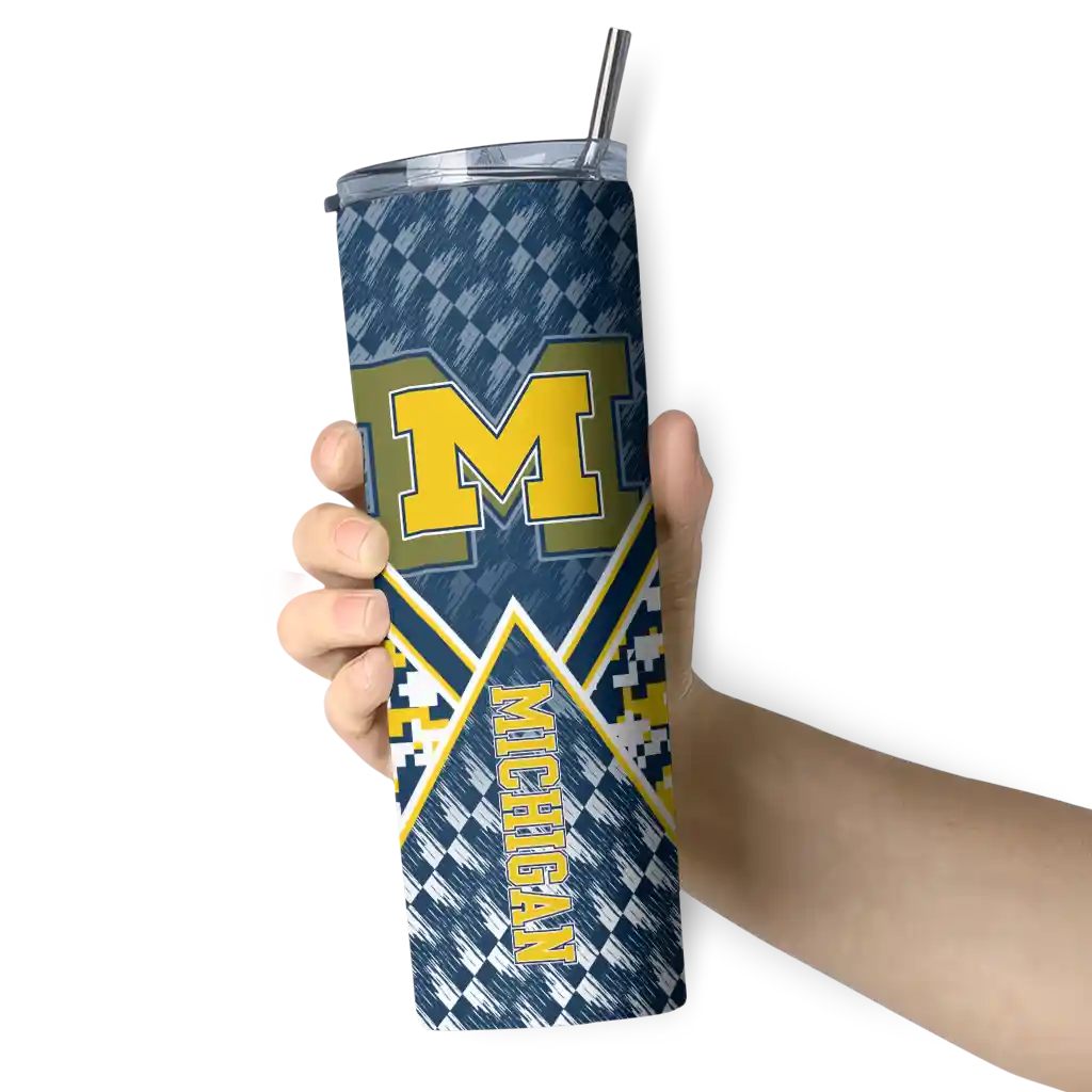 customized-michigan-wolverines-monogram-burst-blue-white-skinny-tumbler-premium-grade.webp