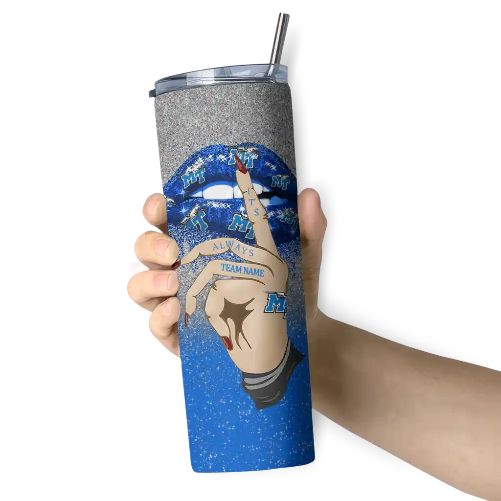 customized-middle-tennessee-blue-raiders-sparkle-lips-blue-skinny-tumbler-premium-grade.webp