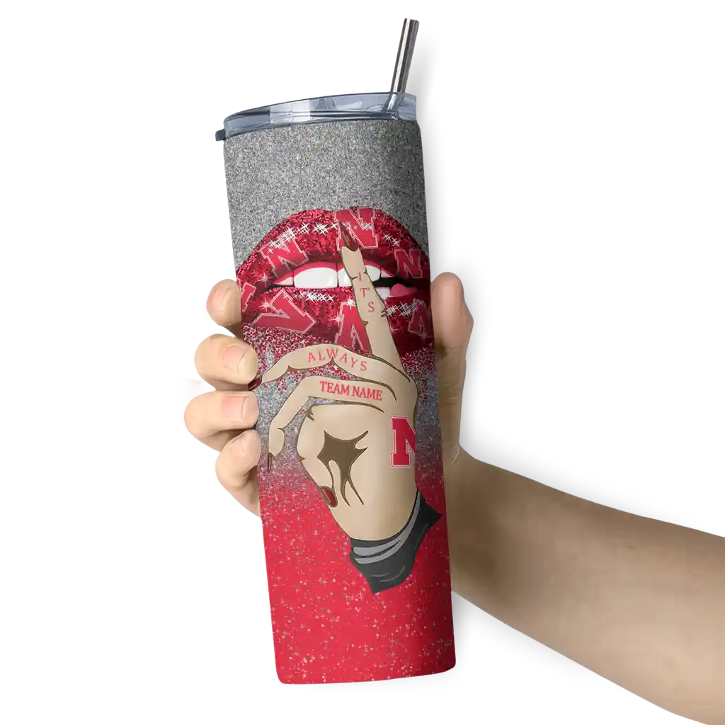 customized-nebraska-cornhuskers-sparkle-lips-red-skinny-tumbler-premium-grade.webp