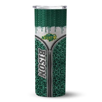Customized North Dakota State Bison Sparkle Drip Green Skinny Tumbler