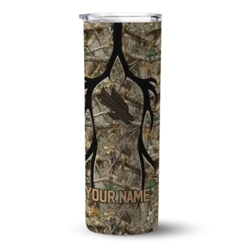 Customized North Texas Mean Green Antler Flow Camo Skinny Tumbler