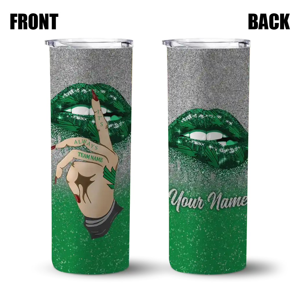 customized-north-texas-mean-green-sparkle-lips-green-skinny-tumbler-fashion-forward.webp