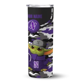 Customized Northwestern Wildcats Yoda Camo Purple Black Skinny Tumbler