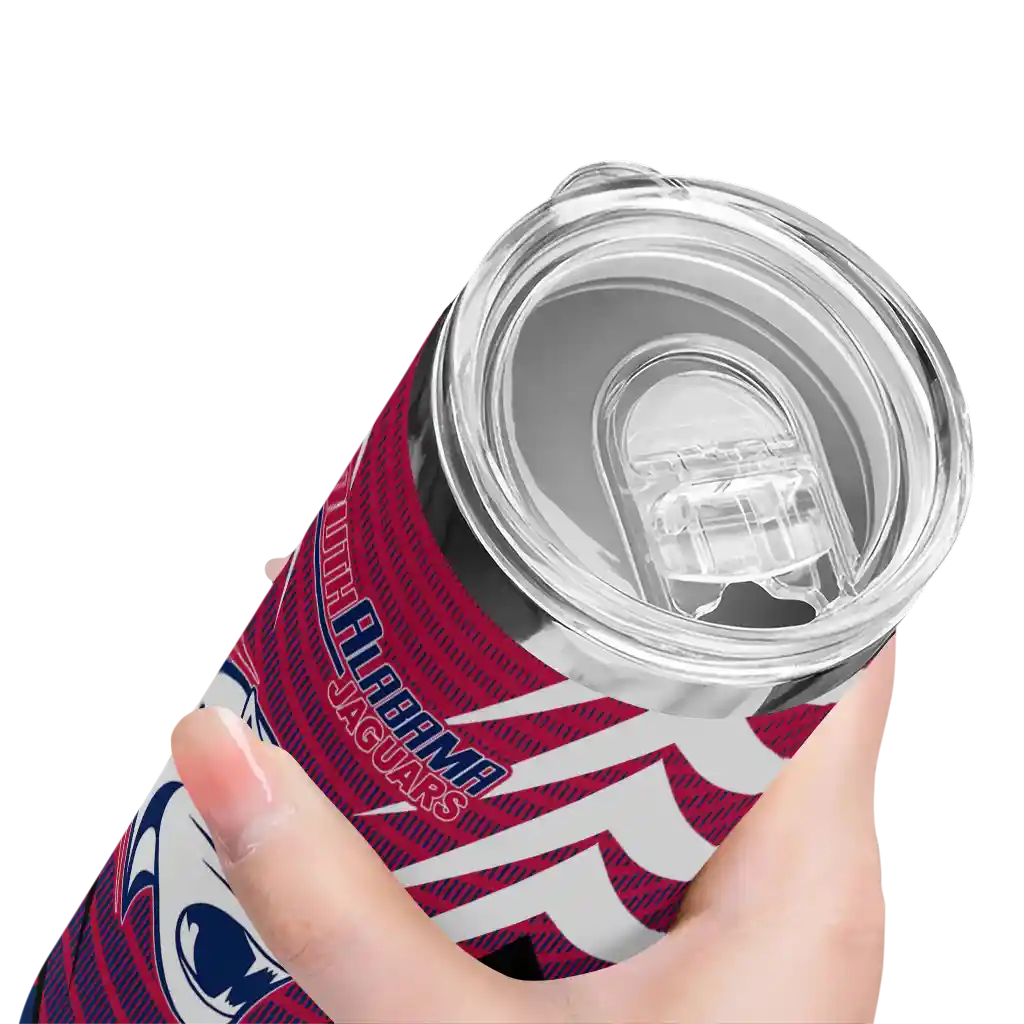 customized-south-alabama-jaguars-chevron-stripes-blue-skinny-tumbler-high-quality.webp