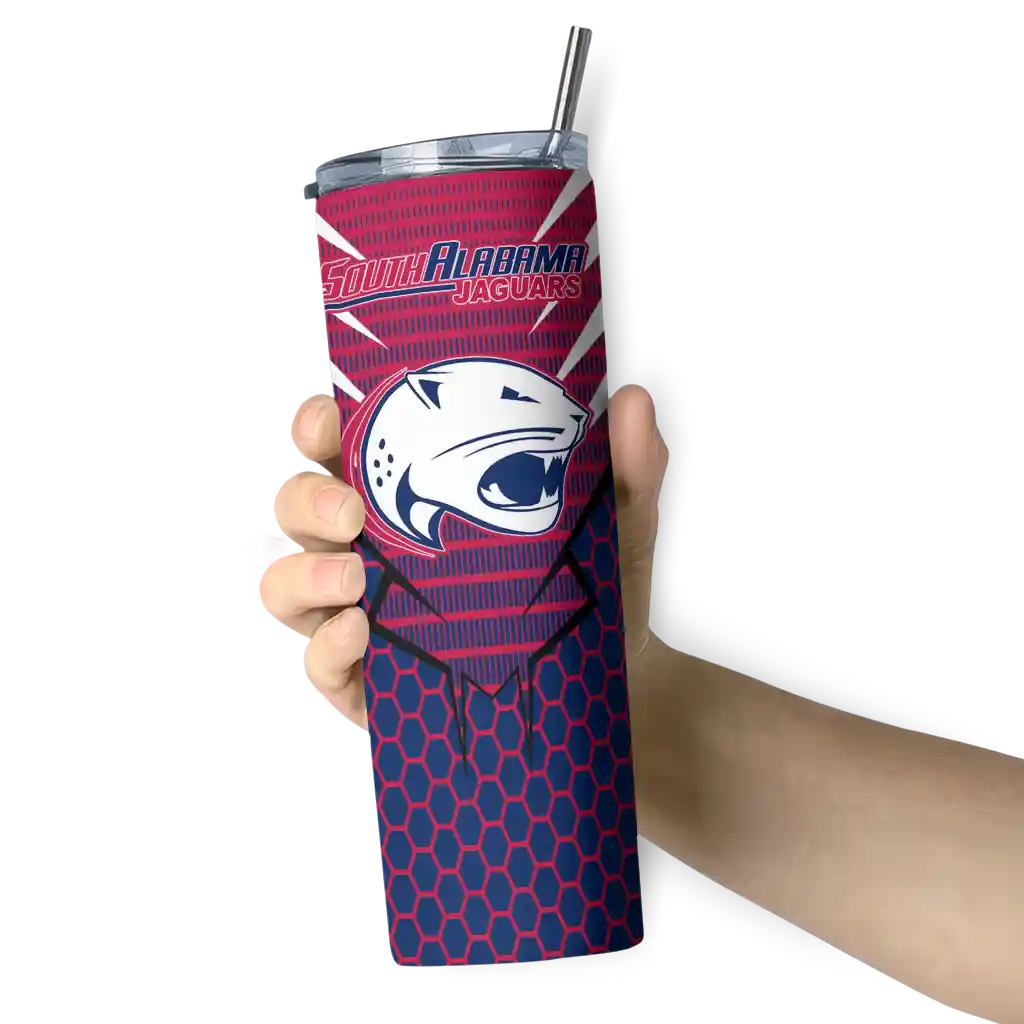 customized-south-alabama-jaguars-chevron-stripes-blue-skinny-tumbler-premium-grade.webp