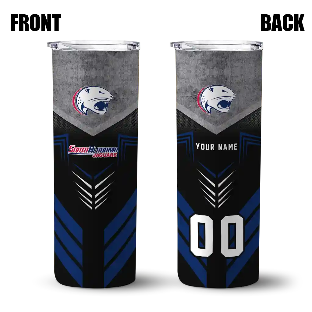 customized-south-alabama-jaguars-hexagon-honeycomb-blue-black-skinny-tumbler-fashion-forward.webp