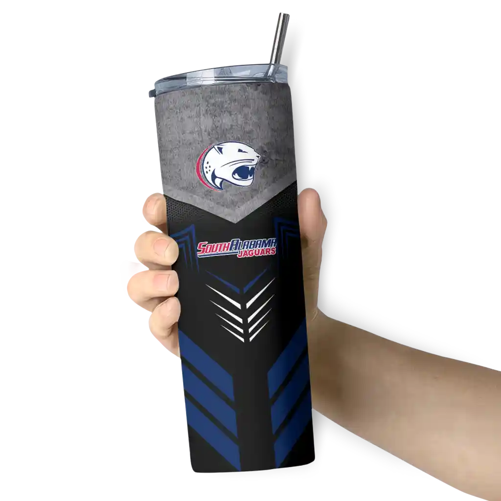customized-south-alabama-jaguars-hexagon-honeycomb-blue-black-skinny-tumbler-premium-grade.webp
