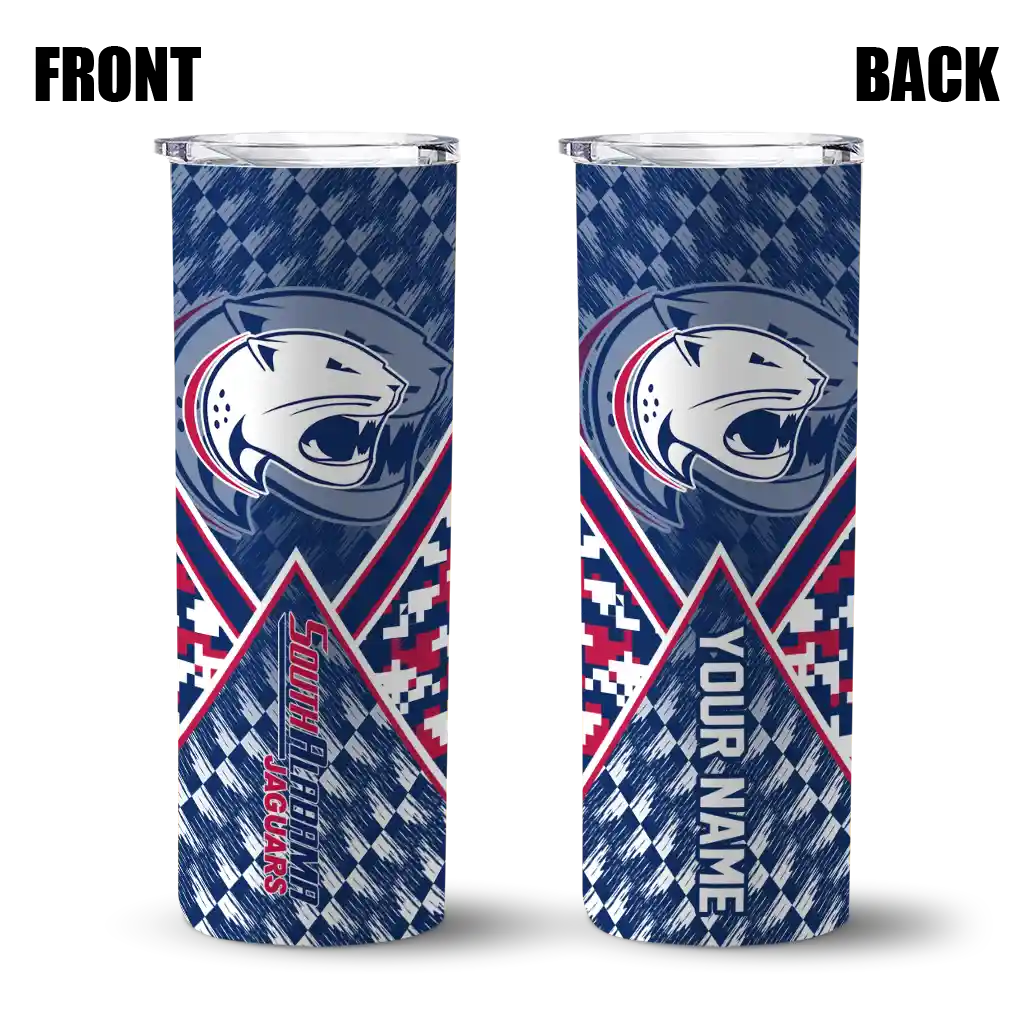 customized-south-alabama-jaguars-monogram-burst-blue-white-skinny-tumbler-fashion-forward.webp