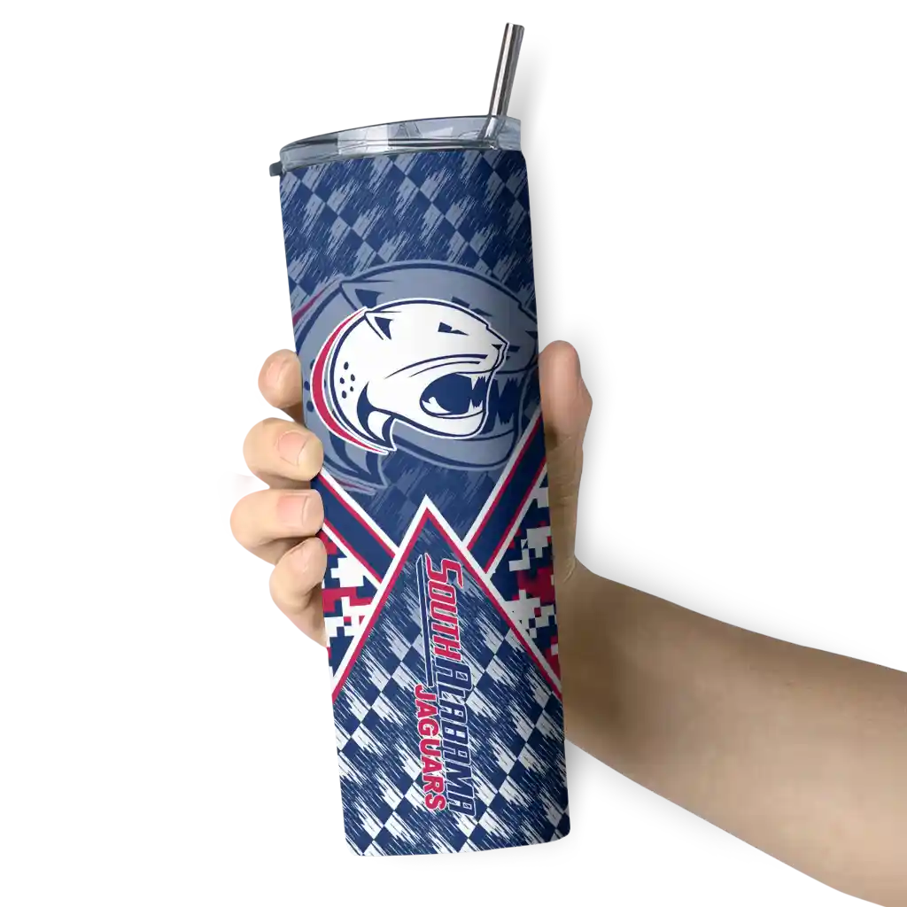 customized-south-alabama-jaguars-monogram-burst-blue-white-skinny-tumbler-premium-grade.webp