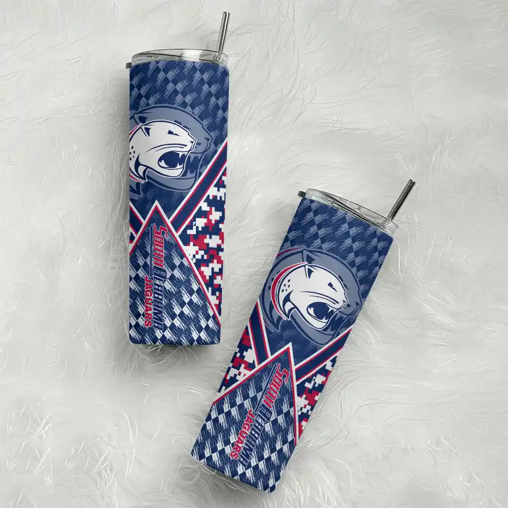 customized-south-alabama-jaguars-monogram-burst-blue-white-skinny-tumbler-top-rated.webp