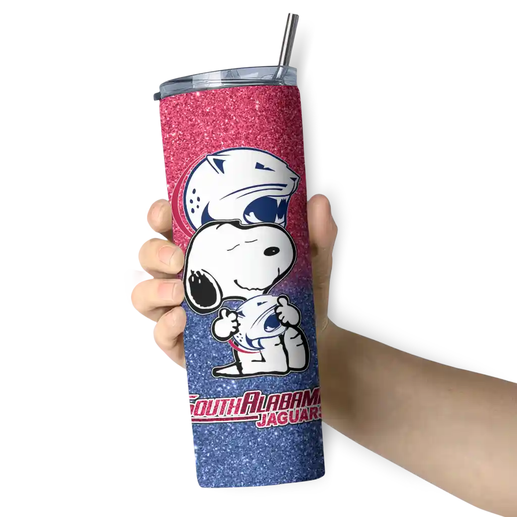 customized-south-alabama-jaguars-snoopy-attitude-blue-skinny-tumbler-premium-grade.webp