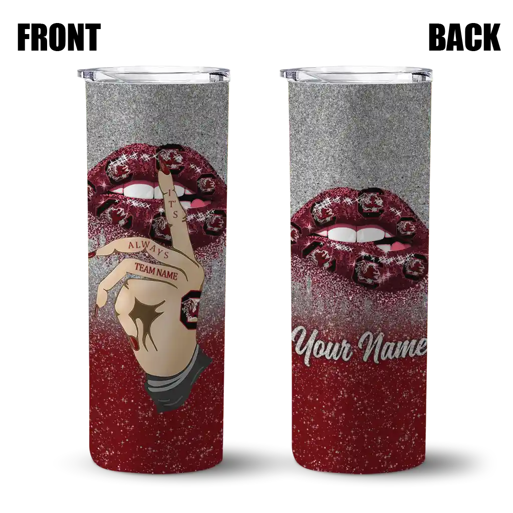 customized-south-carolina-gamecocks-sparkle-lips-garnet-skinny-tumbler-fashion-forward.webp