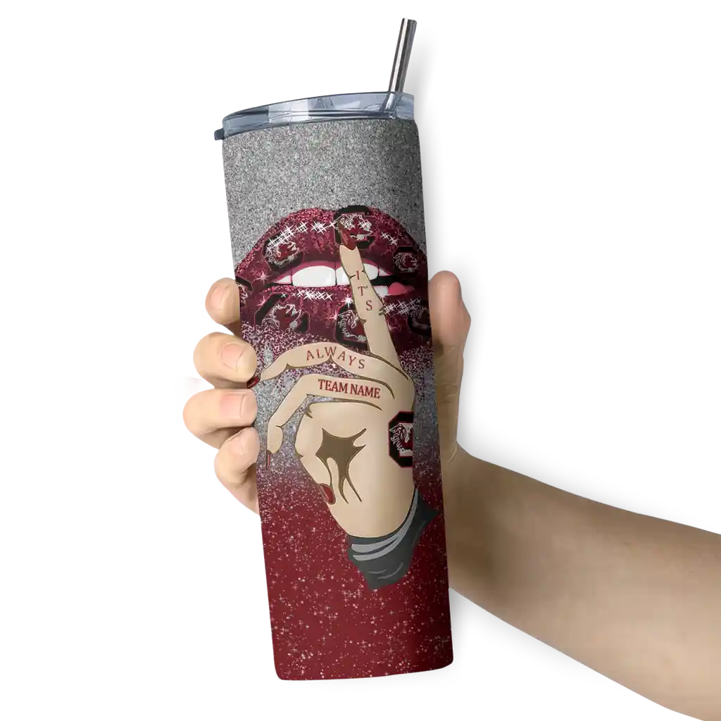 customized-south-carolina-gamecocks-sparkle-lips-garnet-skinny-tumbler-premium-grade.webp