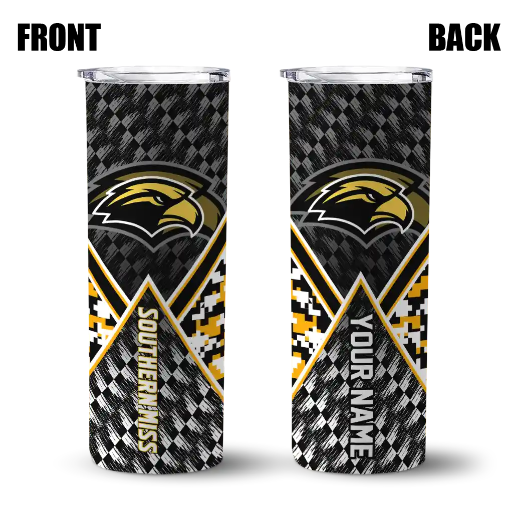 customized-southern-miss-golden-eagles-monogram-burst-black-white-skinny-tumbler-fashion-forward.webp