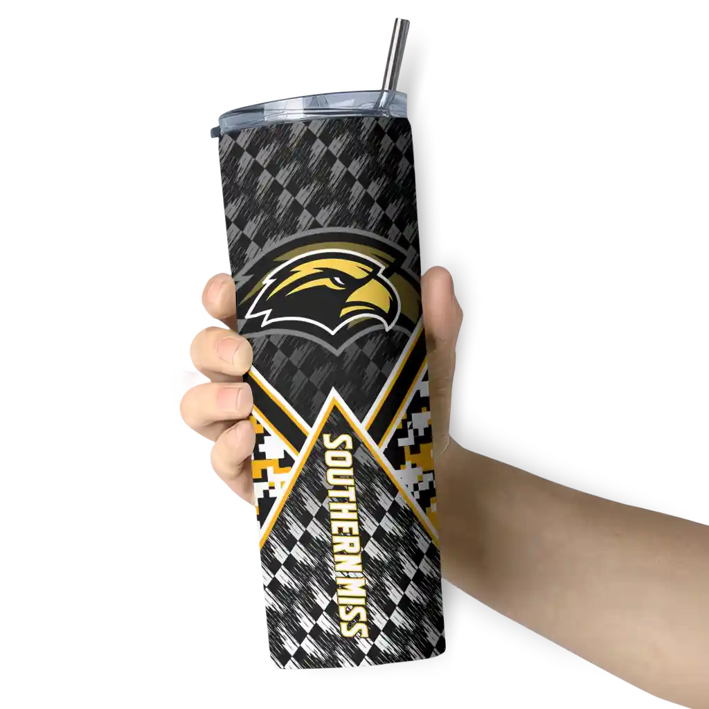 customized-southern-miss-golden-eagles-monogram-burst-black-white-skinny-tumbler-premium-grade.webp