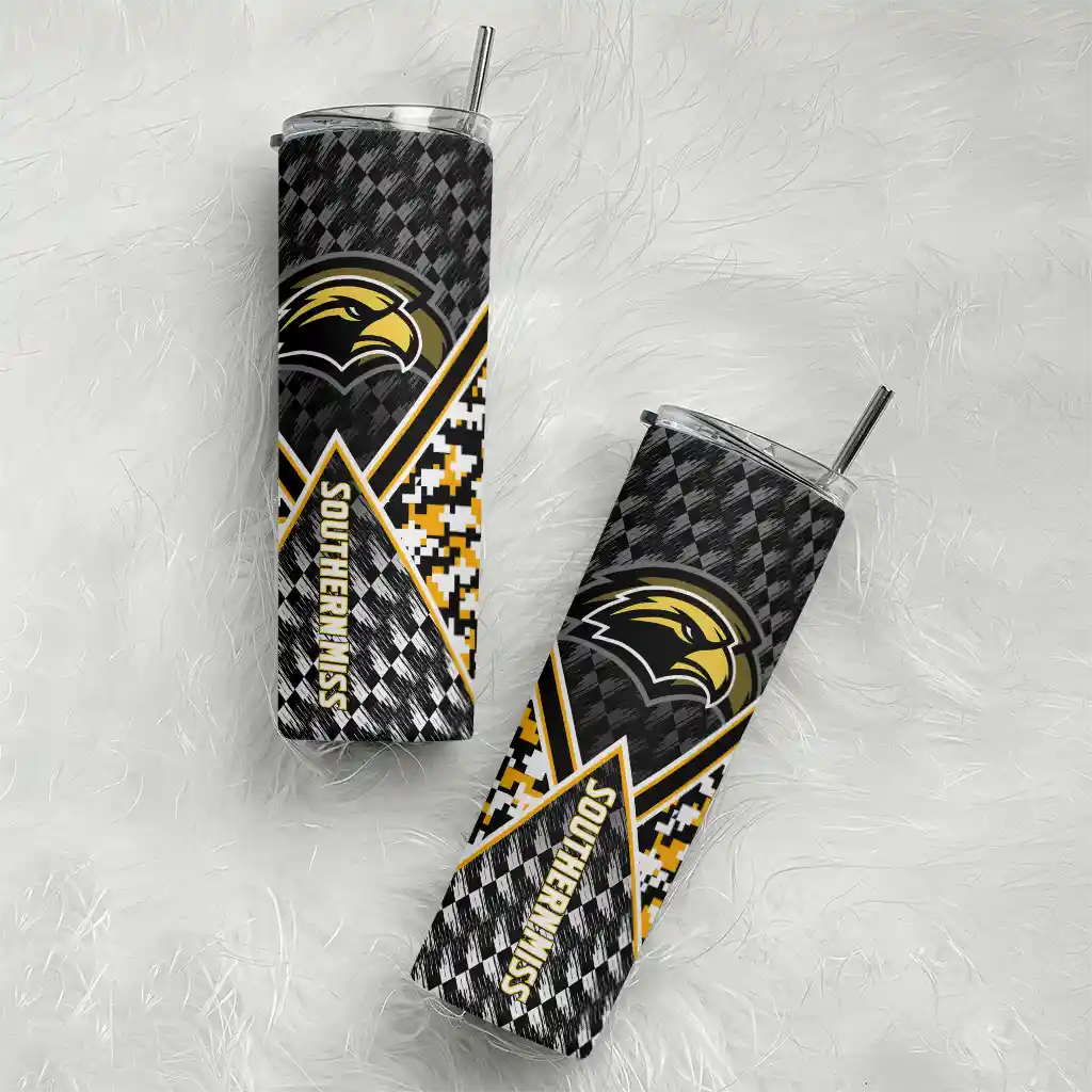 customized-southern-miss-golden-eagles-monogram-burst-black-white-skinny-tumbler-top-rated.webp