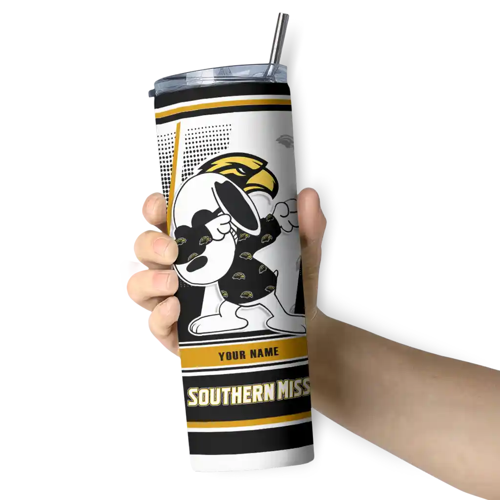 customized-southern-miss-golden-eagles-snoopy-dog-black-white-skinny-tumbler-premium-grade.webp